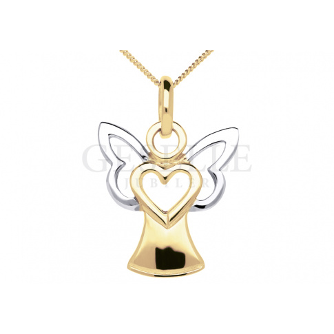 Słodka zawieszka z żółtego złota w kształcie uroczego aniołka z serduszkiem oraz rodowanymi skrzydełkami