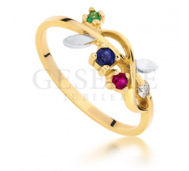 Wyjątkowy pierścionek z dwukolorowego złota o kształcie delikatnej gałązki z listkami - z brylantem, szafirem, rubinem i szmaragdem