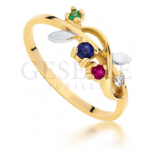 Wyjątkowy pierścionek z dwukolorowego złota o kształcie delikatnej gałązki z listkami - z brylantem, szafirem, rubinem i szmaragdem