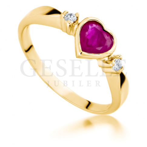Złoty pierścionek zaręczynowy z kamieniem w kształcie serca - rubin i wieczne brylanty 0.04 ct