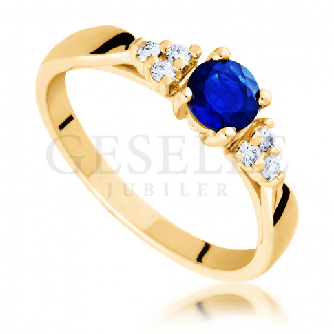 Złoty pierścionek zaręczynowy w Romantycznym Stylu - brylanty i szafir naturalny