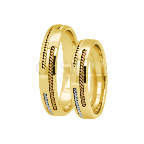 Wyjątkowa obrączka ślubna ze złota ozdobiona fantazyjnymi trzema paskami trzy kolory złota