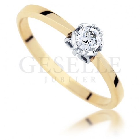 Klasyczny pierścionek zaręczynowy z żółtego złota próby 585 z brylantem 0.18 ct i uroczą oprawą w kształcie motyla