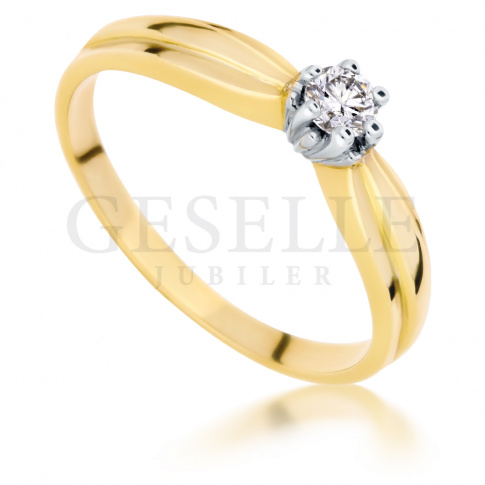 Złoty pierścionek zaręczynowy w stylu Tiffany z wiecznym brylantem 0.14 ct