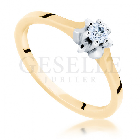 Zaręczyny w klasycznym stylu - elegancki pierścionek z żółtego kruszcu z brylantem 0.10 ct pr. 585