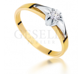 Nowoczesny pierścionek zaręczynowy z żółtego  złota pr. 585 z brylantem o masie 0.10 ct
