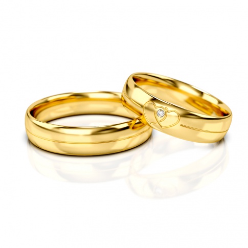 Komplet obrączek ślubnych z żółtego złota ozdobione podwójnym sercem z cyrkonią lub brylantem 
