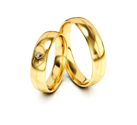 Romantyczna obrączka ślubna z żółtego złota ozdobiona podwójnym sercem z cyrkonią lub brylantem 