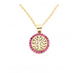 Piękna, złota zawieszka w kształcie koła z lśniącymi różowymi cyrkoniami z drzewkiem szczęścia