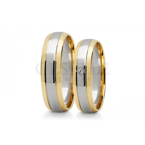 Elegancka i pełna blasku para obrączek ślubnych z dwóch kolorów złota z lśniącą cyrkonią lub brylantem
