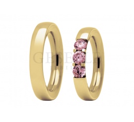Klasyczne obrączki ślubne z złota z trzema różowymi cyrkoniami Swarovski ELEMENTS lub brylantami
