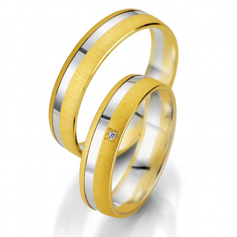 Delikatne obrączki ślubne z dwóch kolorów złota - matowe żółte złoto i polerowana linia z białego kruszcu