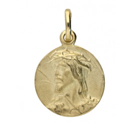 Medalik wykonany z żółtego złota z obliczem Pana Jezusa w koronie cierniowej