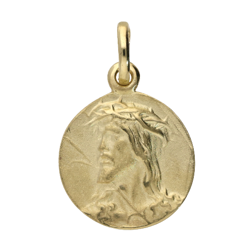 Medalik wykonany z żółtego złota z obliczem Pana Jezusa w koronie cierniowej