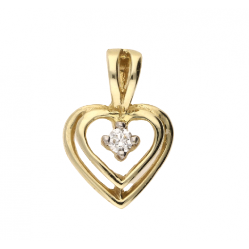 Zawieszka w kształcie podwójnego serca z żółtego złota z brylantem o masie 0,03 ct